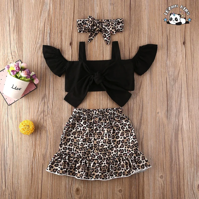 LEZONKIDS - Summer Toddler Baby Girls Clothes Off Shoulder T+ Leopard Print Skirt+ Heardgear 3 Pcs Sets for 3-8 Years Children Clothing